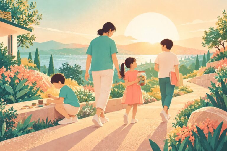 Three children at different school ages along a gently rising garden path, one sorting coins, one holding a savings jar, an older child carrying a notebook