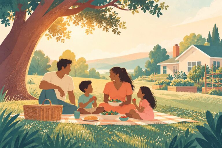 A family enjoying a simple picnic beneath a large tree, a small home and vegetable garden in the background, peaceful sufficiency rather than luxury