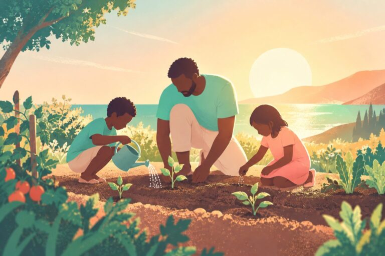 Two children caring for a little garden, one watering a plant and the other placing seeds