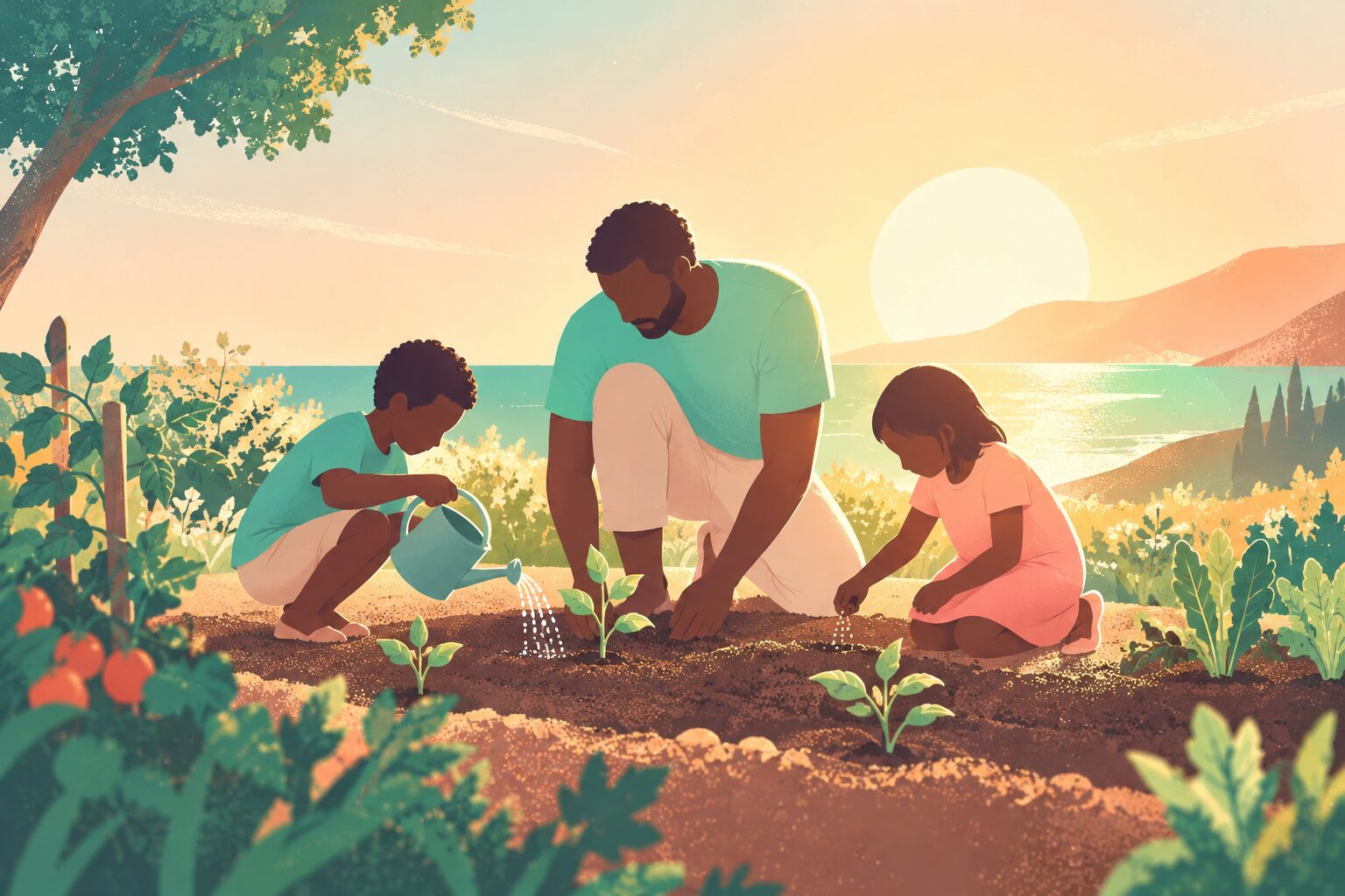 Two children caring for a little garden, one watering a plant and the other placing seeds