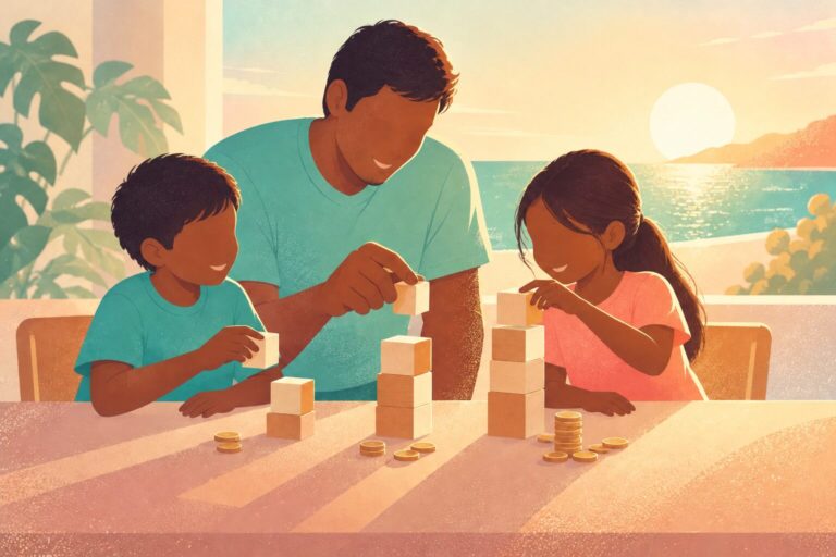 Two children building three small increasing stacks of wooden blocks at a table with a parent, a few coins nearby