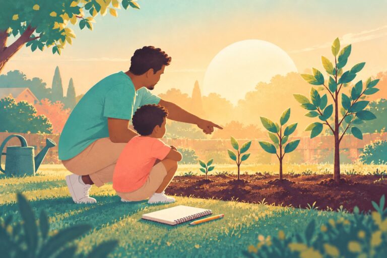 A father and child observing small young trees of different sizes in a garden, with a simple notebook nearby
