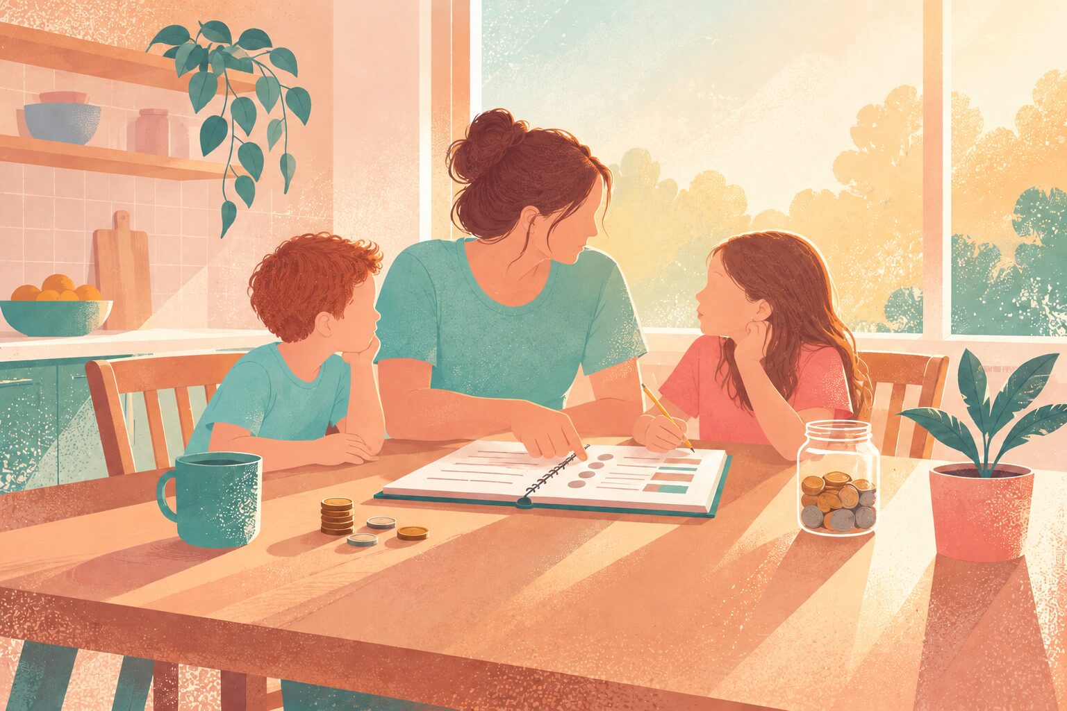 A parent and two school-age children learning together around a kitchen table with an open notebook, a few coins and a small plant