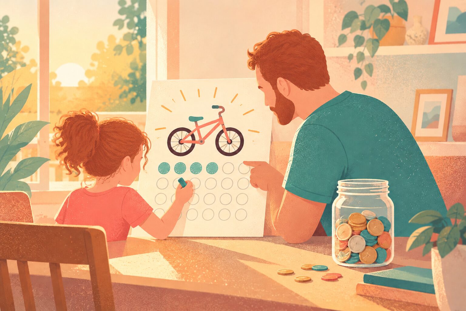 A girl and her father marking progress on a blank visual savings chart beside a coin jar and a small bicycle drawing, warm encouraging scene