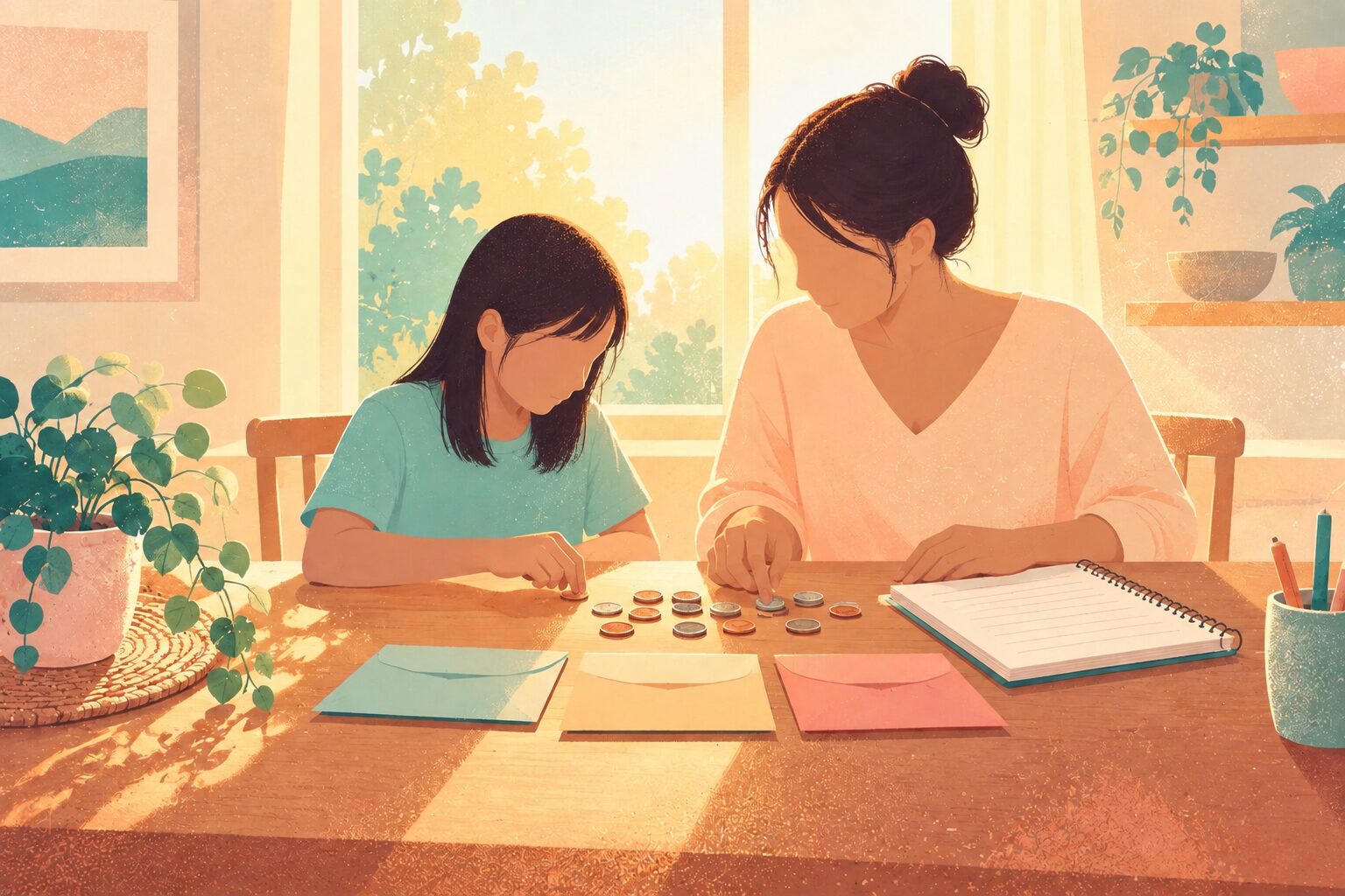 A mother and preteen at a table dividing a small group of coins between envelopes and a notebook, clear planning focus and warm sunlight