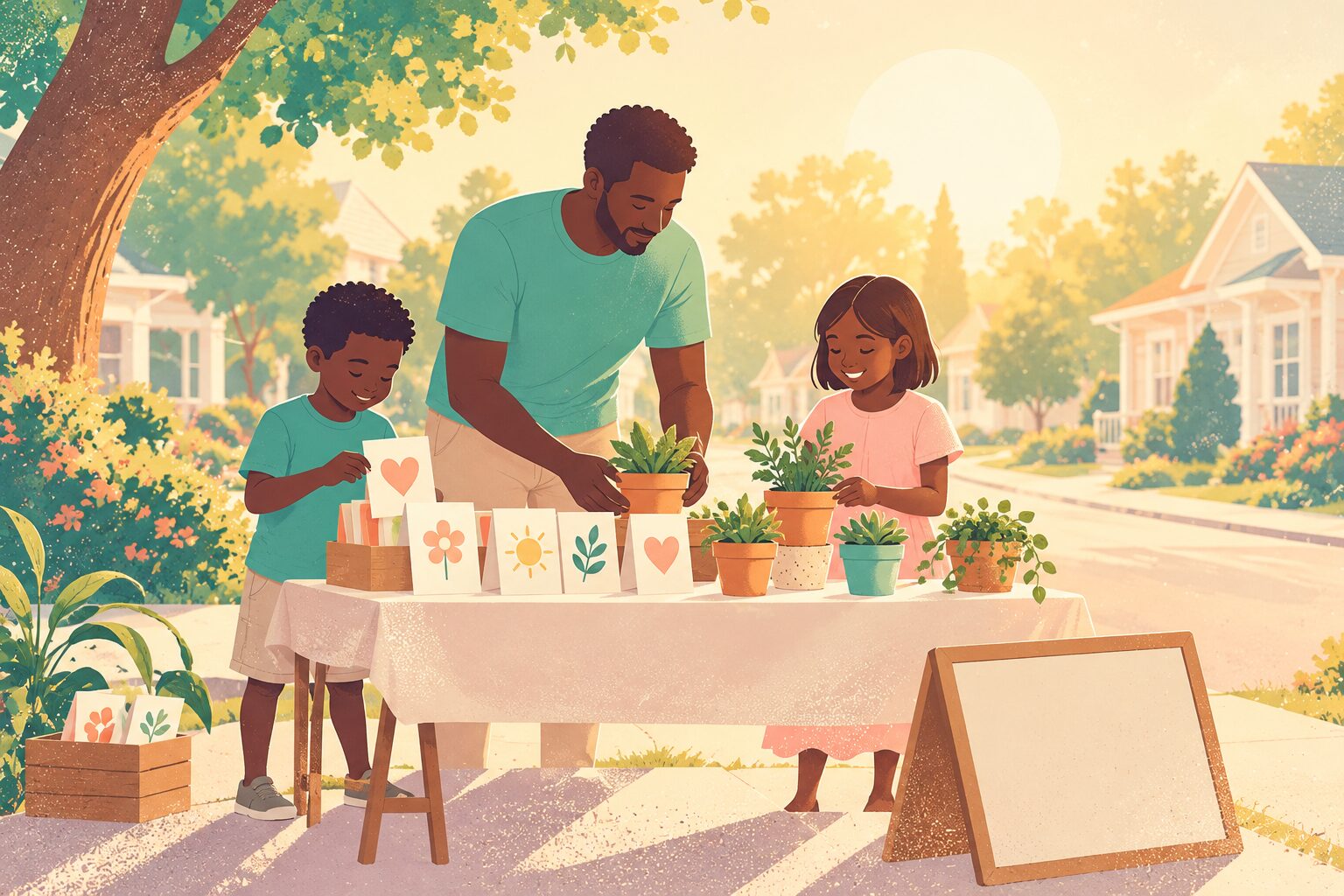 Two children with a parent arranging a modest neighborhood craft table with blank signs, handmade cards and plant pots, joyful service rather than aggressive selling