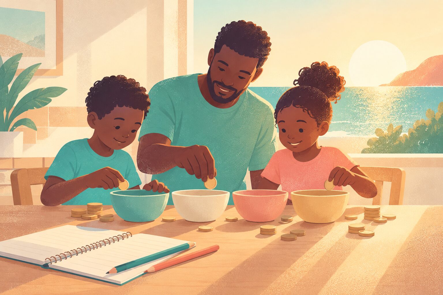A parent and two children arranging coins beside four plain bowls at a table, notebook and pencils nearby, orderly practical money planning