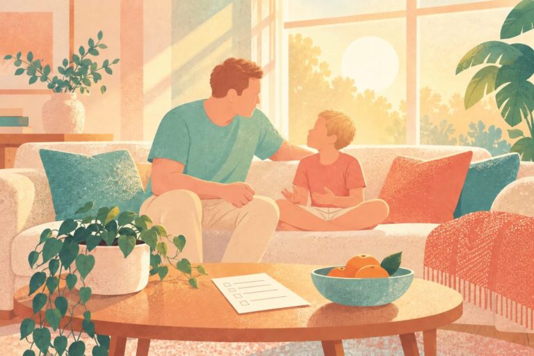 A parent and child talking calmly on a sofa by a sunny window, with a simple shopping list on a nearby coffee table