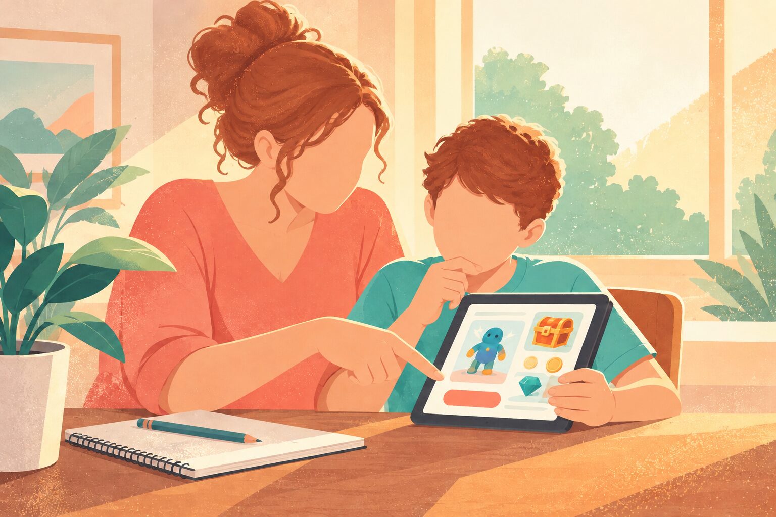 A mother and preteen examining a tablet with abstract colorful shapes and a blank purchase button, notebook beside them
