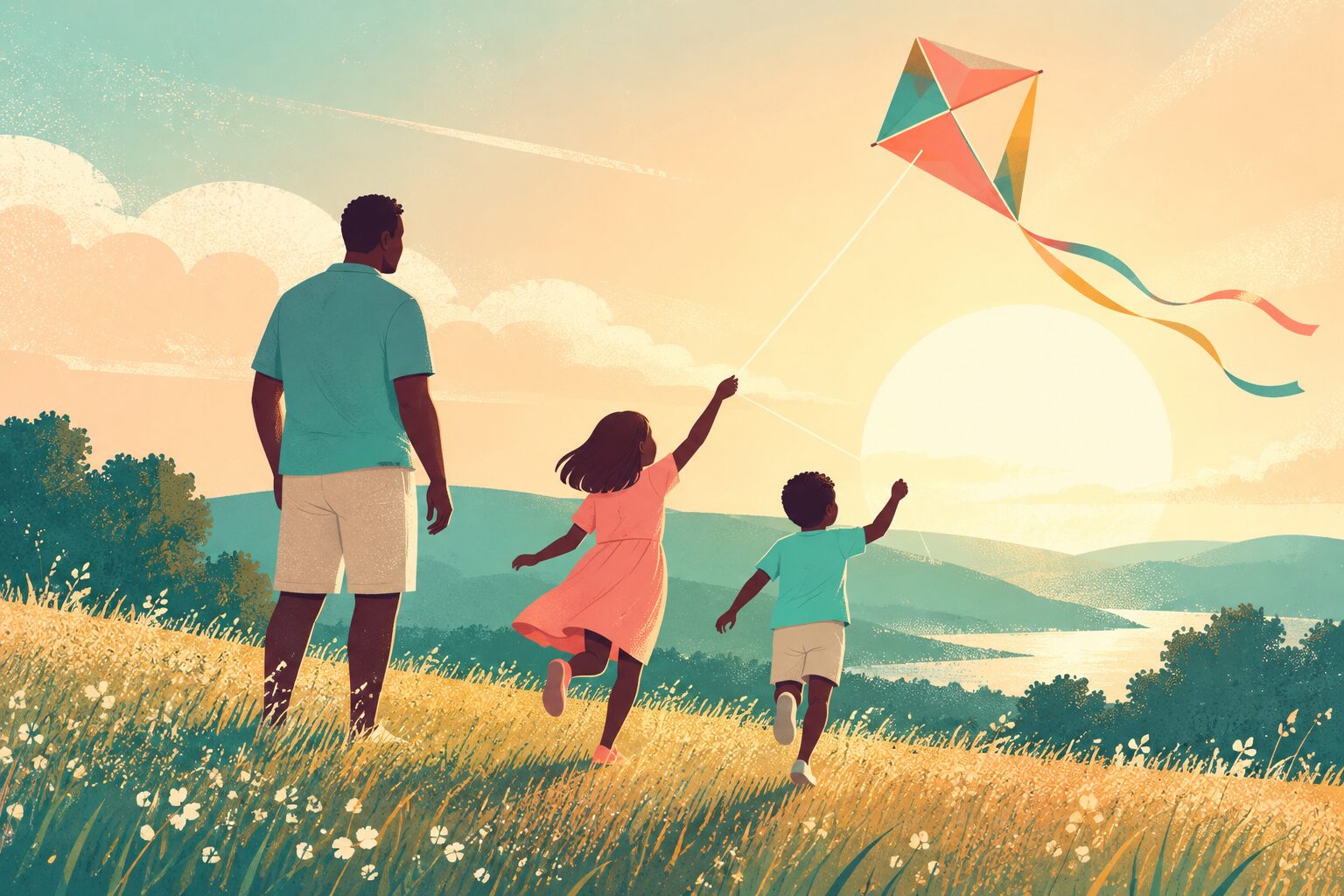 Two siblings sharing a handmade kite in an open field with a parent watching, simple joyful activity against warm sky and rolling teal hills
