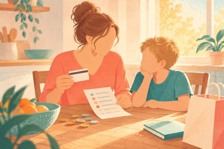 A mother showing an older child a blank card and a handwritten purchase record at a kitchen table, coins and shopping bag nearby, no real brand or account information