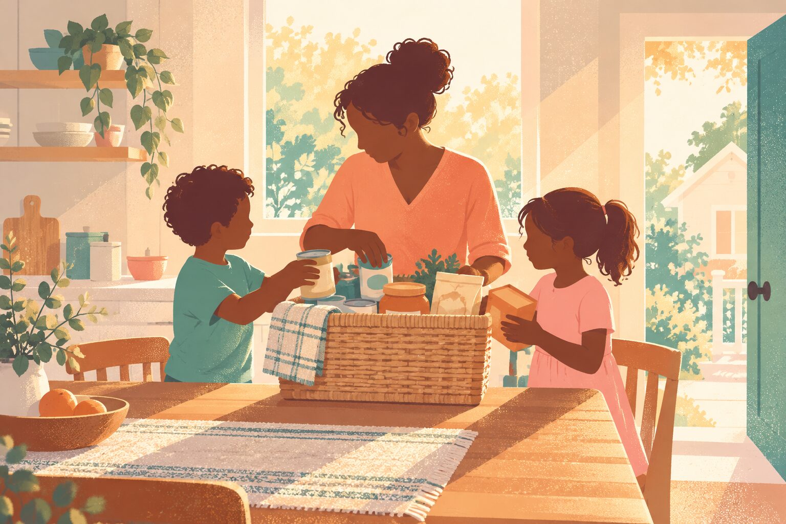 A mother and two children packing a simple food basket for a neighbor at the kitchen table, small heartfelt family act with no charity branding