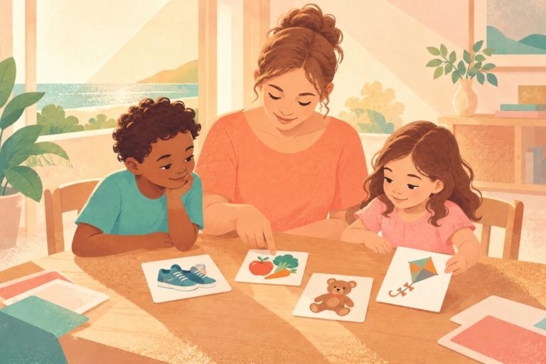 Two children and a mother sorting picture cards of food, shoes, a toy and a kite at a table