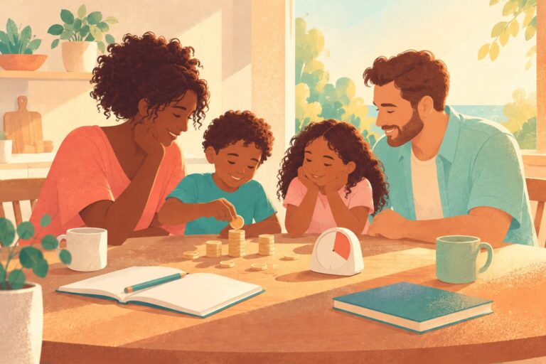 A family with mother father and two children gathered briefly around a breakfast table, coins and a small timer without numerals, relaxed weekly learning scene
