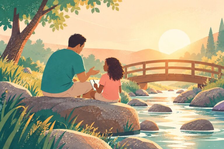 A parent and child talking beside a small wooden bridge over a gentle stream, child holding a notebook, metaphor for careful commitments rather than fear
