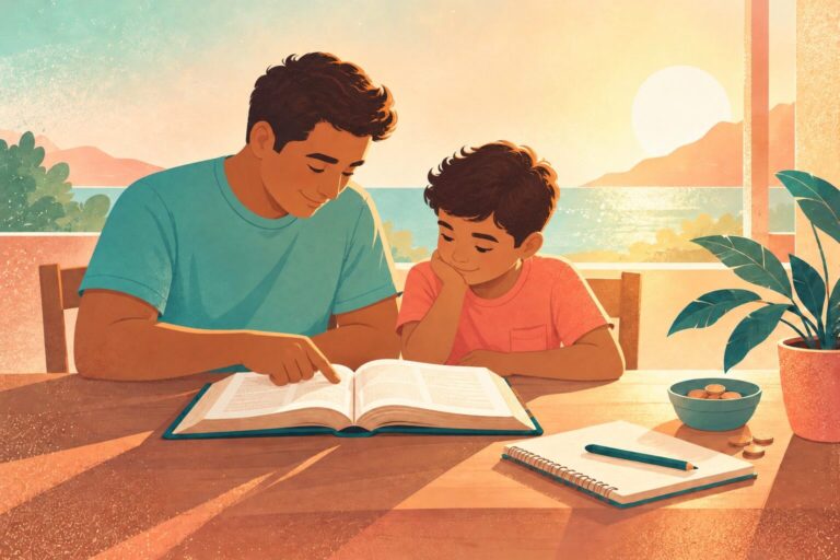A father and son facing the table as they read an open Bible together.