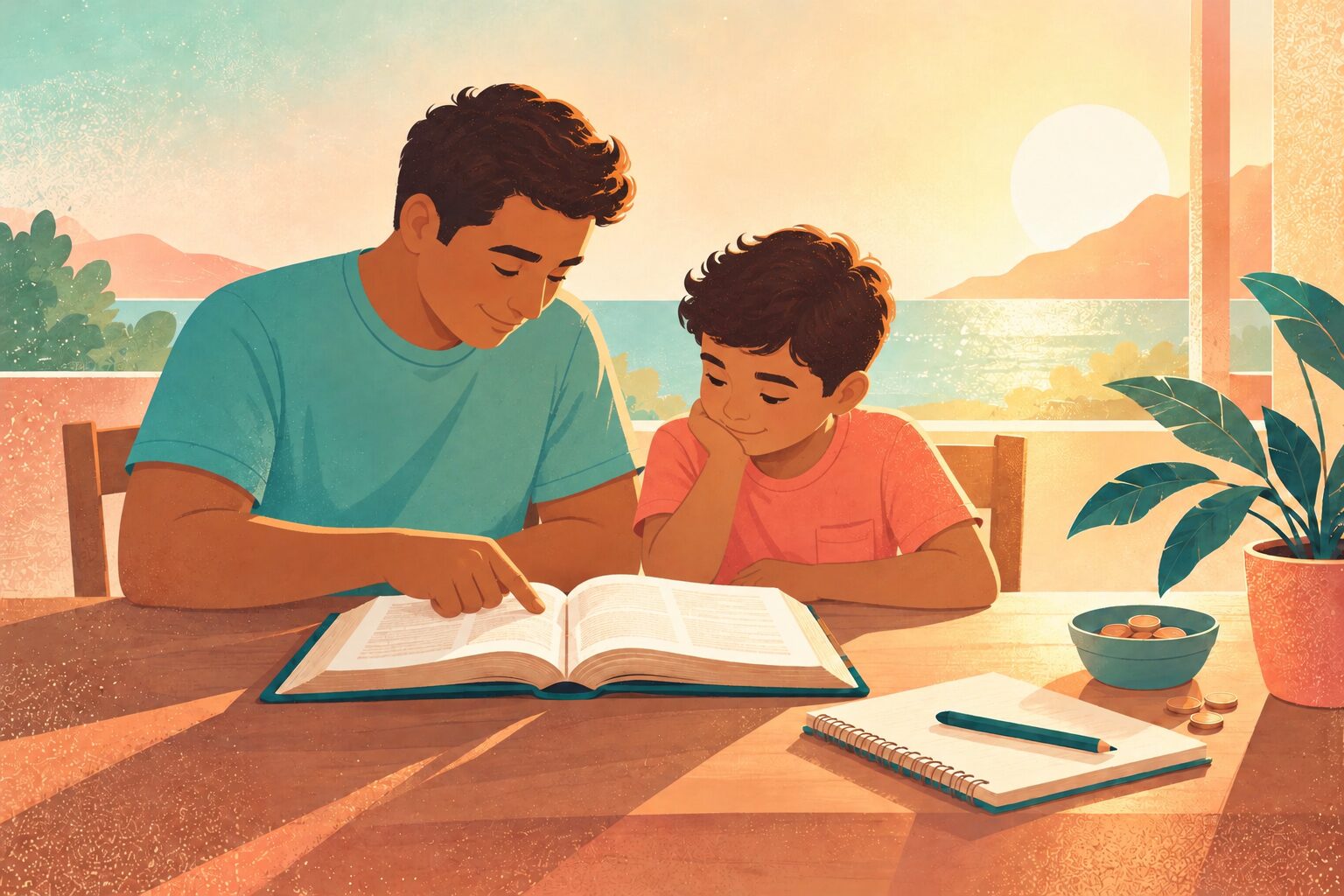 A father and son facing the table as they read an open Bible together.